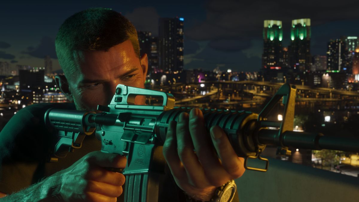 Jason Duval from GTA 6 pointing an M4 Carbine in front of a city background.