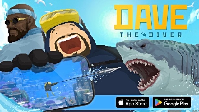 A Dave The Diver promotion featuring Dave spearing a shark from a phone screen. 