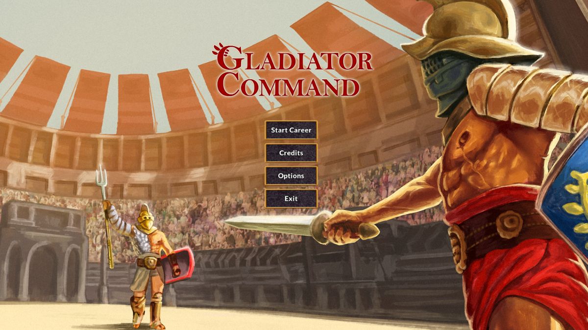 The Gladiator Command title screen, showing a gladiator pointing his sword at another gladiator armed with a trident.
