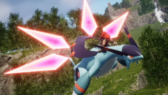 A Palworld player flying across the landscape on a Pal.