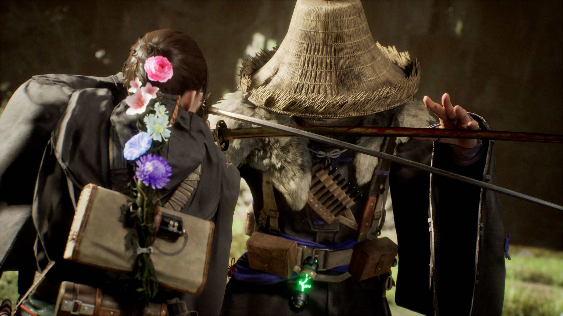 Beast of Reincarnation Emma with several skill flowers dueling with samurai with swords