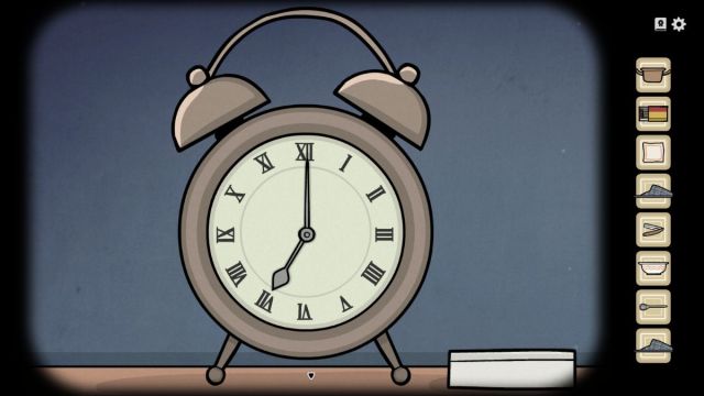 The clock, set to the correct time, in Aldous' bedroom.
