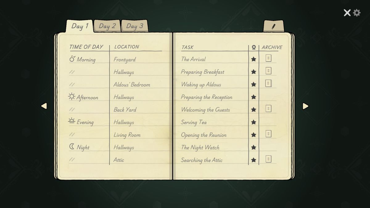 The completed Day 1 journal in Servant of the Lake.