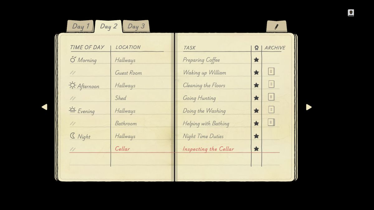 The journal in Servant of the Lake with all the achievements ticked off on Day 2.