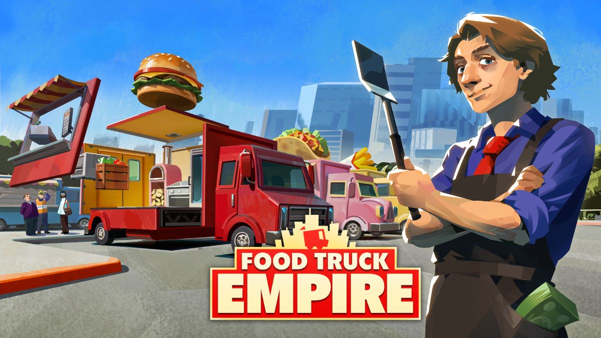 Food Truck Empire key art with a logo in the center. To the left, food trucks, and to the right, a man with a spatula.