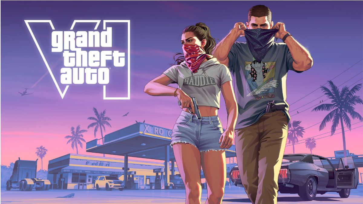 The new GTA 6 artwork showing Lucia in cut-off jeans and a short shirt, and Jason in pants and a t-shirt, both wearing masks and carrying guns, with a gas station in the background.