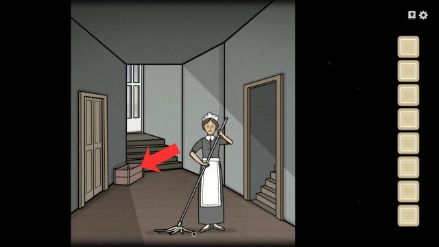 The hallways with a servant and a crate and three doors in Servant of the Lake.