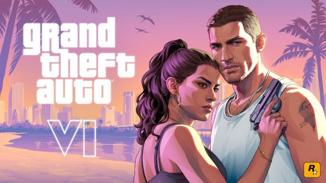 Jason and Lucia posing next to a GTA 6 logo, with Lucia holding a toy gun. 
