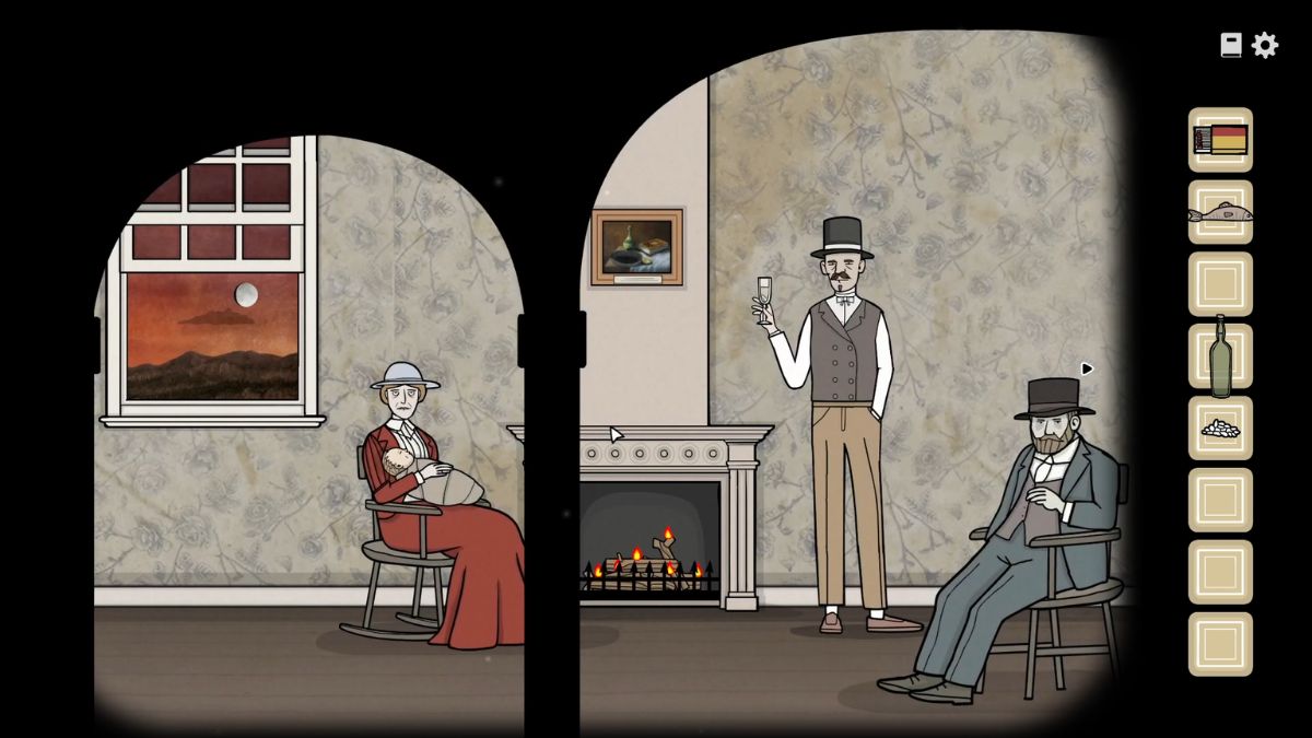 William, Aldous, and Alexandra sitting in the living room in Servant of the Lake.
