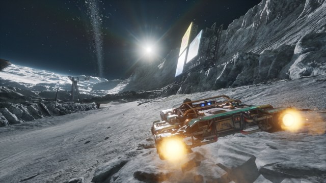 A racer flying across the track at speed in Star Wars: Galactic Racer.