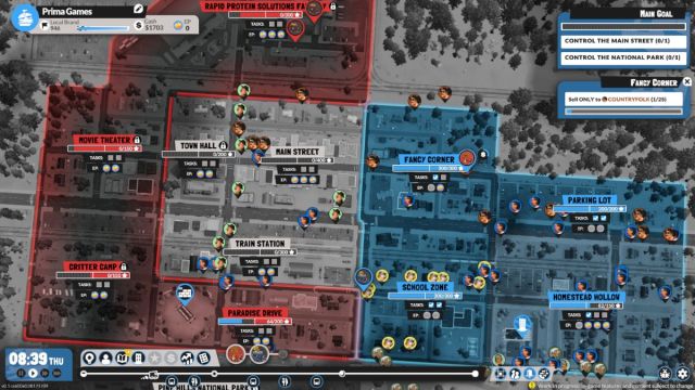 The zoomed out map in Food Truck Empire, showing several districts under the control of different brands.