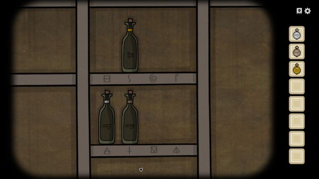 Three wine bottles on their respective symbols in the wine bottle puzzle in Servant of the Lake.