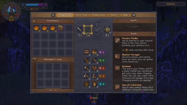 The Character tab in the menu