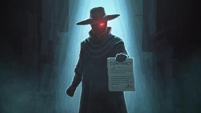 Man with Red Eye holding contract