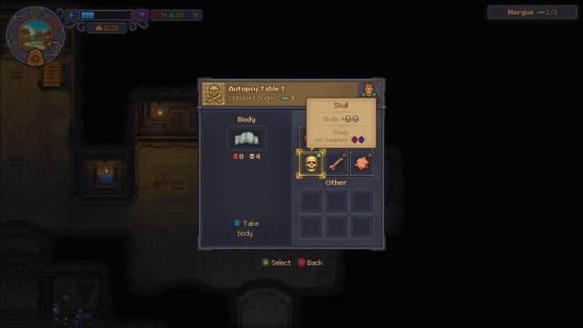 selecting skull to extract on autopsy table