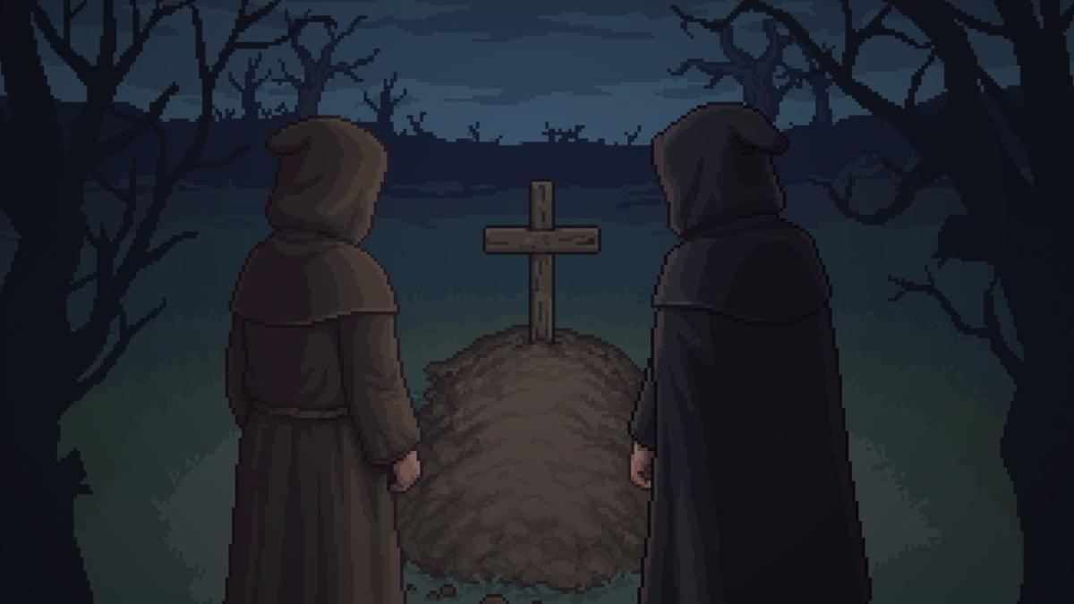 Two people looking at a grave