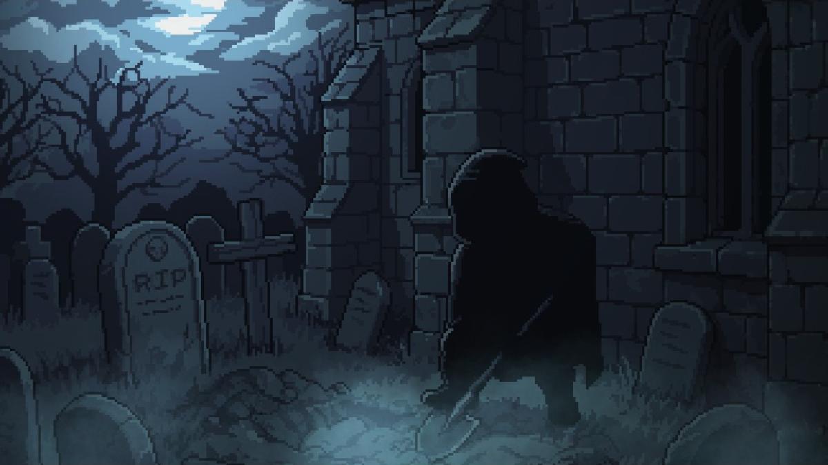 Keeper in shadowy silhouette digging graves beside church