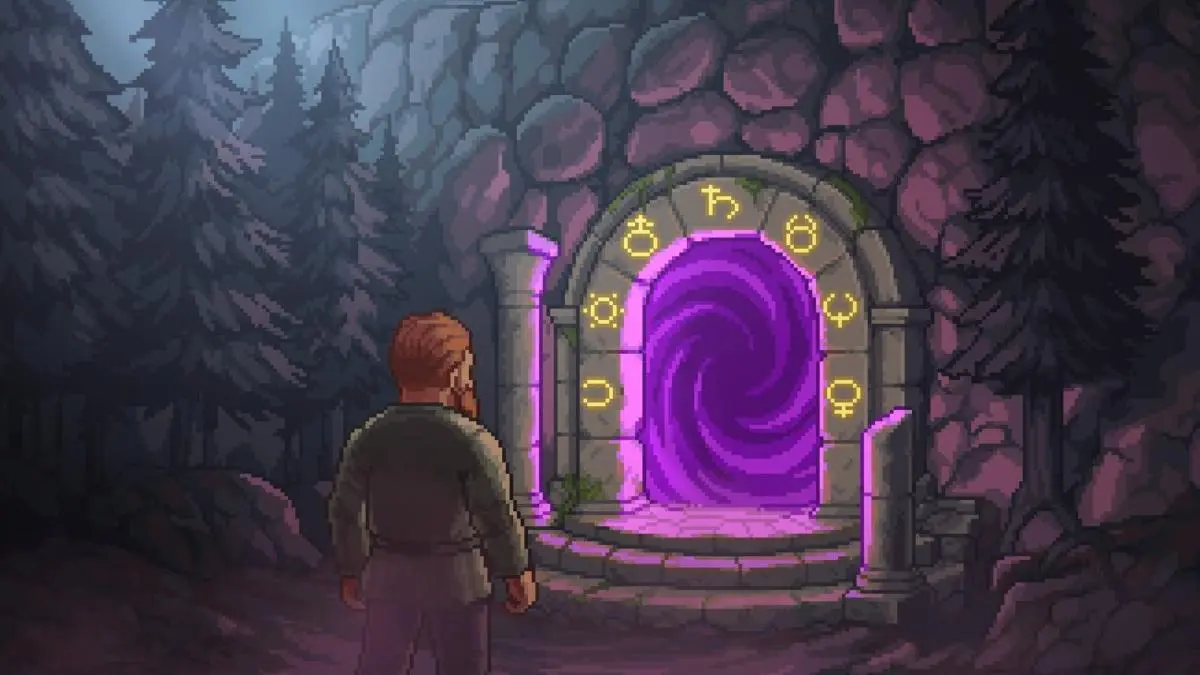 Keeper standing in front of magic portal