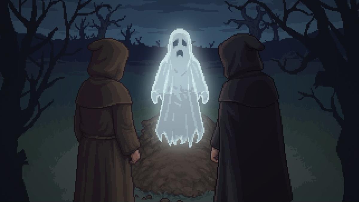 Ghost floating out of a grave with two people looking at it