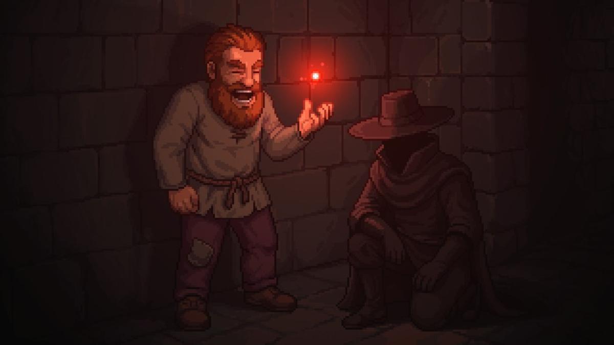 Old Keeper taking an eye from the Man with the Red Eye in dark dungeon