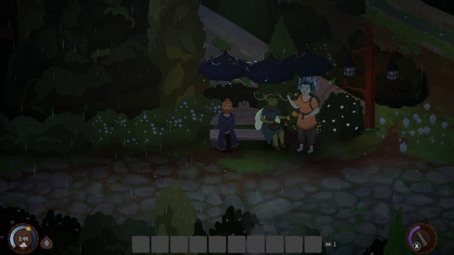 sitting on a bench next to two npcs in the rain