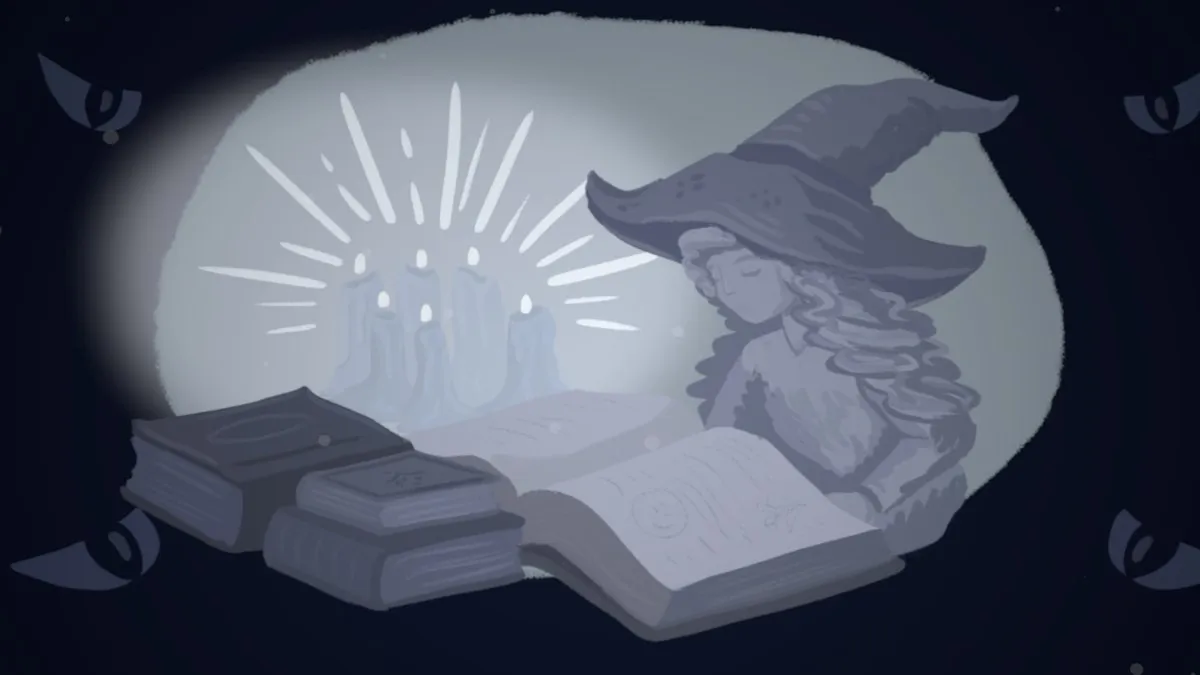 Illustration of witch using a book as eyes in the darkness look at her