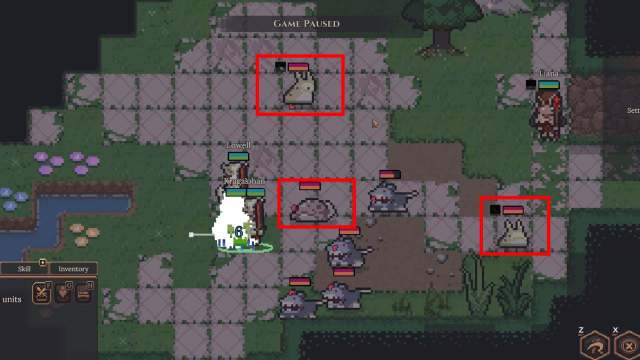Dungeon Settlers enemies that drop clay marked in red rectangles