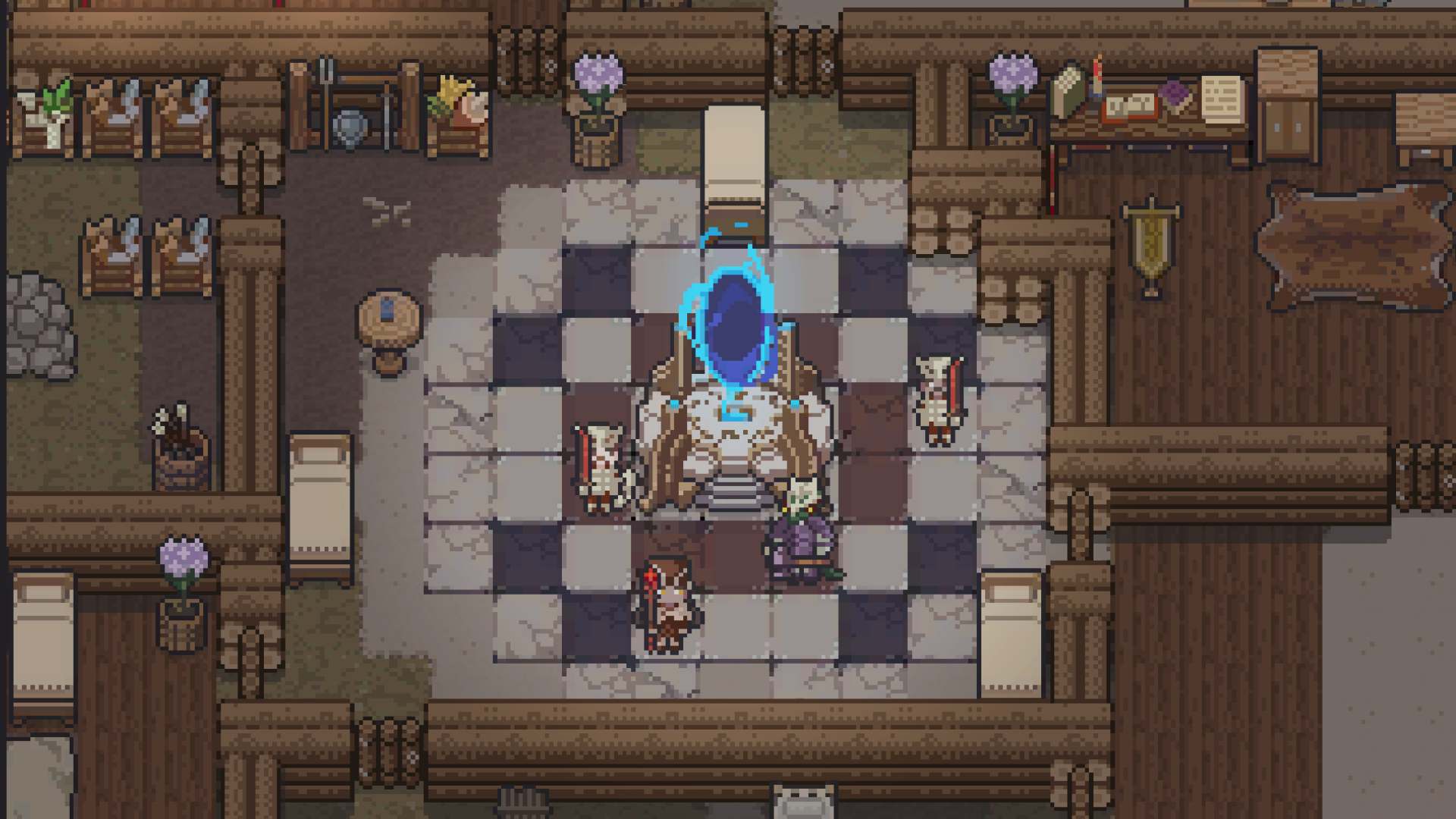 Dungeon Settlers home base with characters in front of dungeon portal