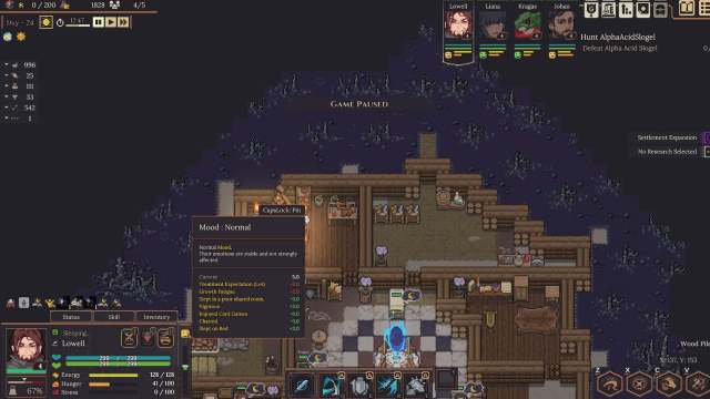 Dungeon Settlers Mood menu showing different positive and negative factors