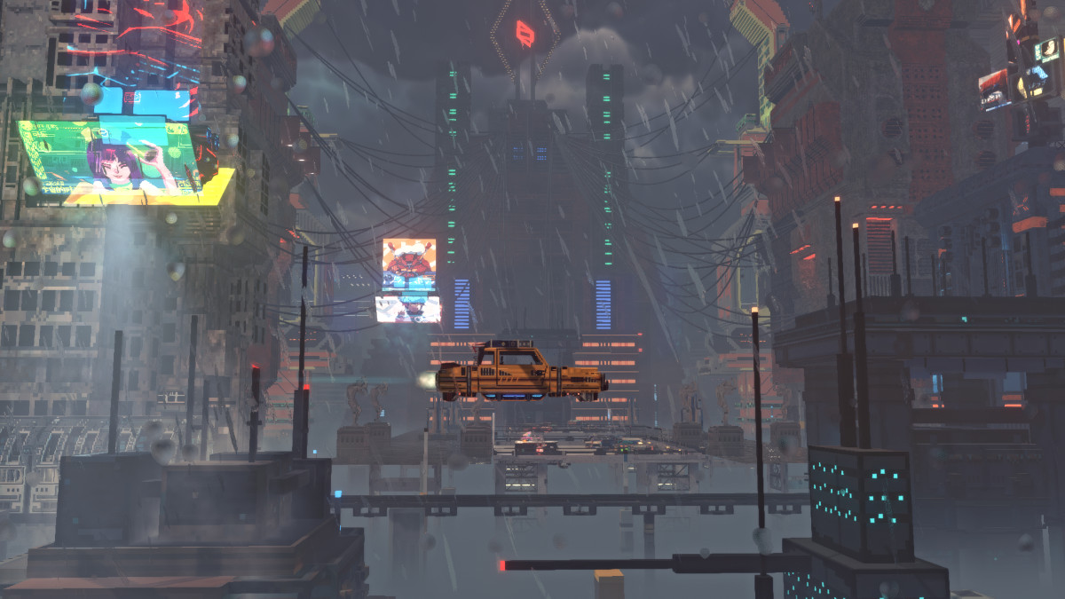 Taxi flying through the city in Nivalis Nights