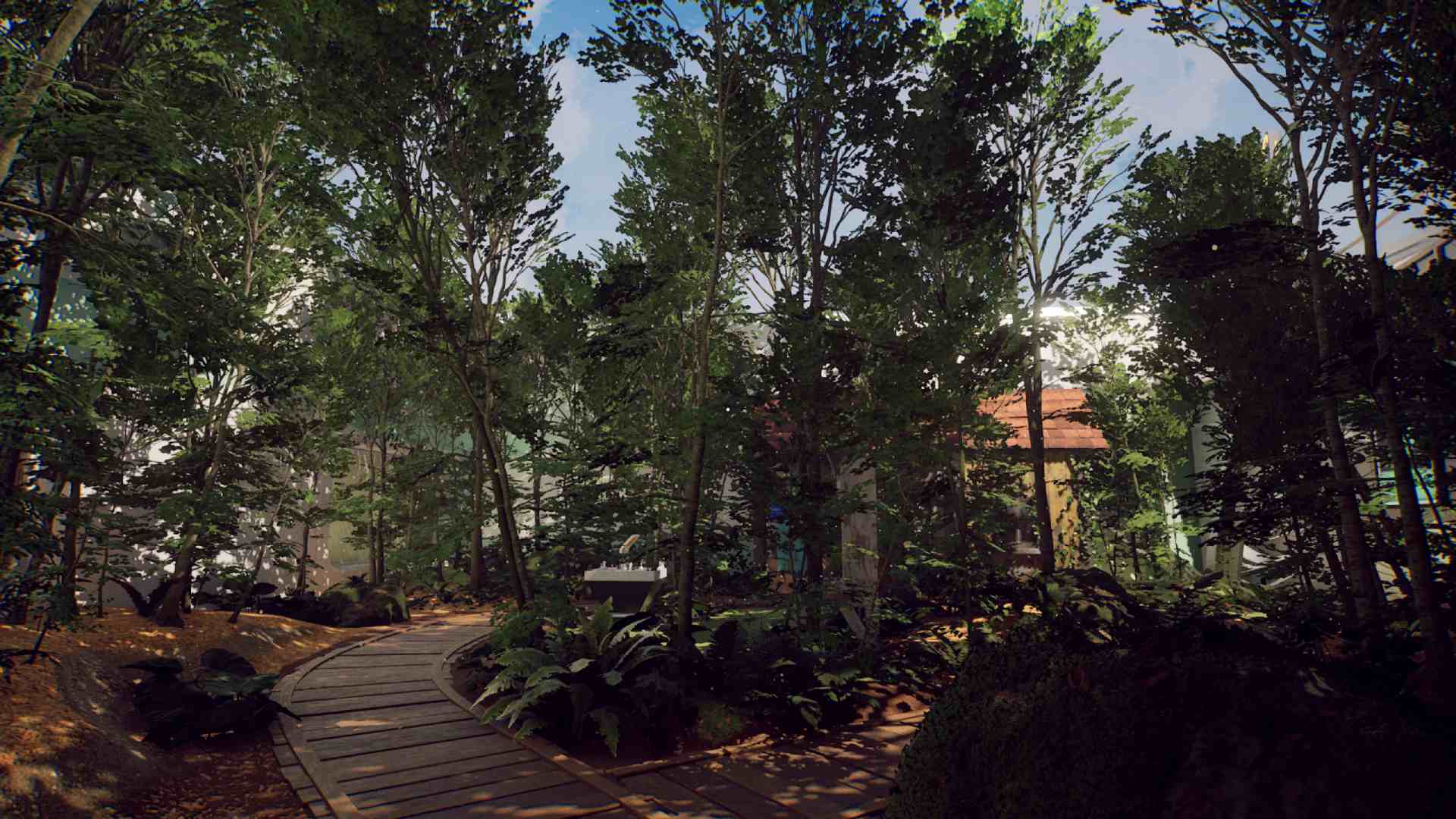 Rivage Greenroom trees and wooden walking path