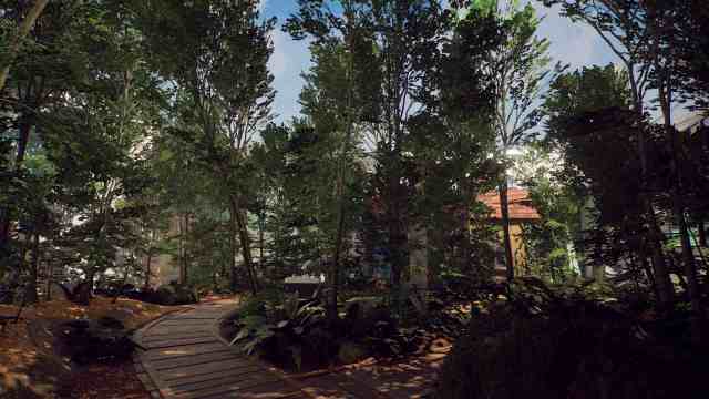 Rivage Greenroom trees and wooden walking path