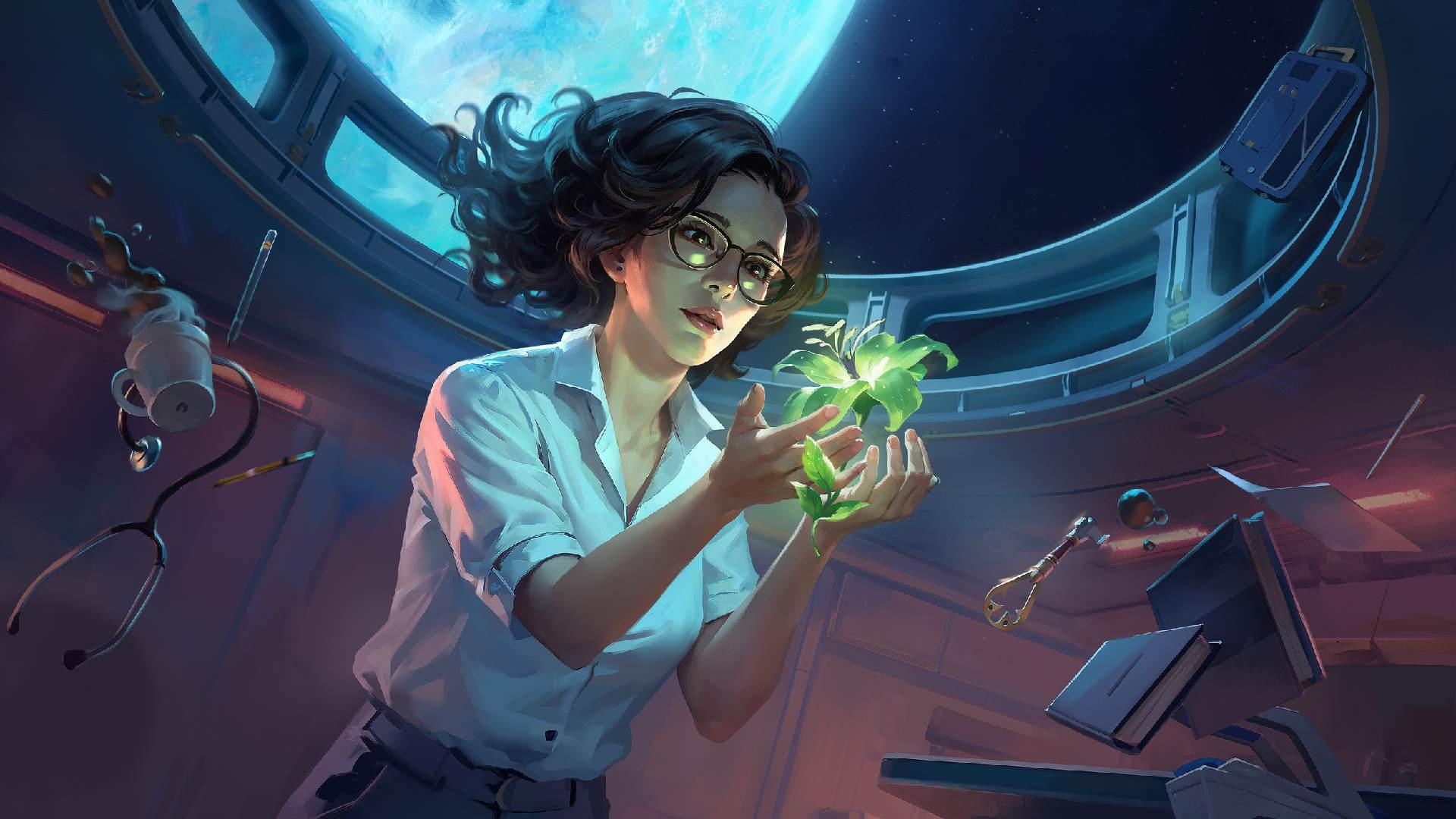 Rivage key art main character miranda holding green flower aion in space