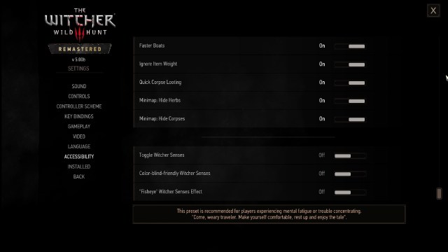 The Witcher 3 Accessibility Settings menu