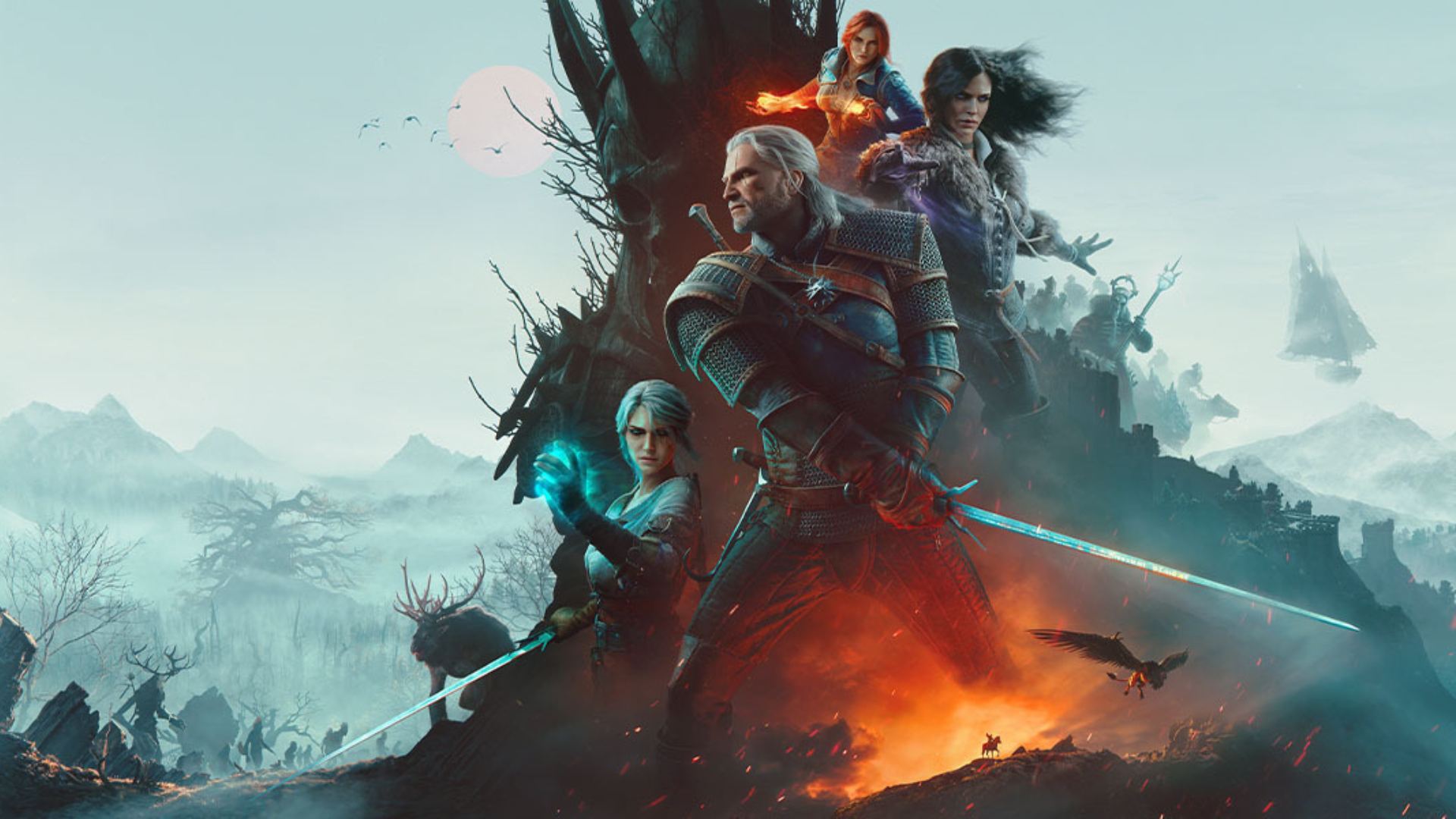 The Witcher 3 Remastered cover art with Geralt, Ciri, Yennefer and the Wild Hunt