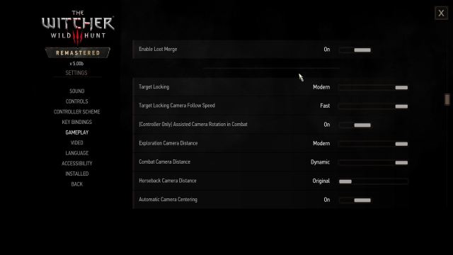 The Witcher 3 Remastered gameplay settings showing modern toggle