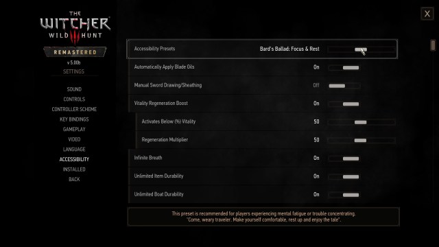 The Witcher 3 Wild Hunt Remastered Accessibility Settings for Bard's Ballad preset