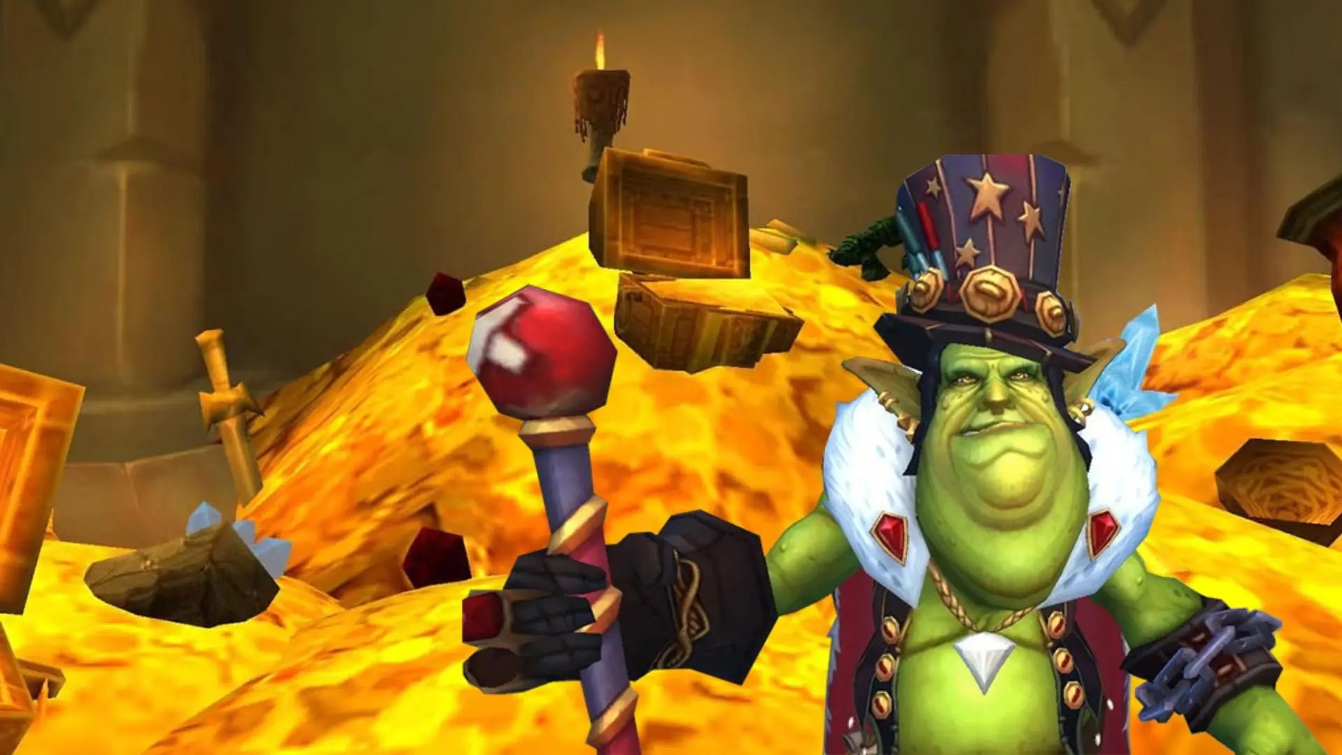 World of Warcraft lots of gold and treasure chests hoarded with goblin in front of them