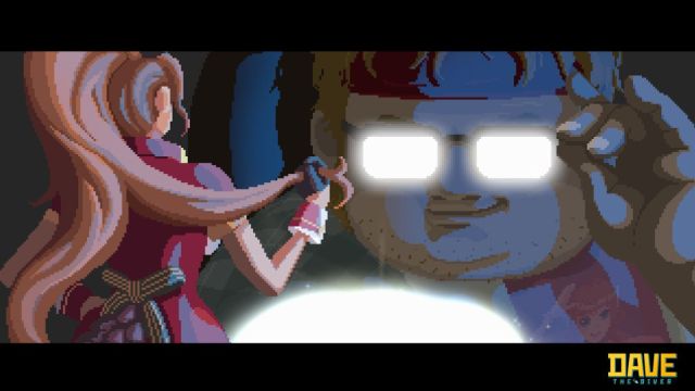 A scene from a cutscene in Dave the Diver.