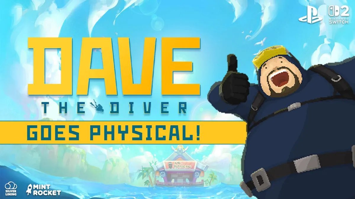 Dave the Diver key art with Dave giving a thumbs-up, with text saying Dave the Diver goes physical.
