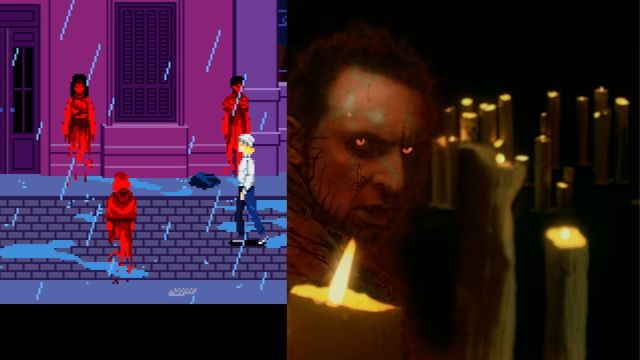 An image of the pixel game alongside an image of a live action, both from Tenebris Somnia.