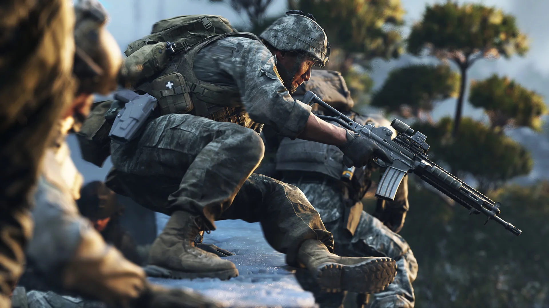A soldier leaping over a barricade in MW4