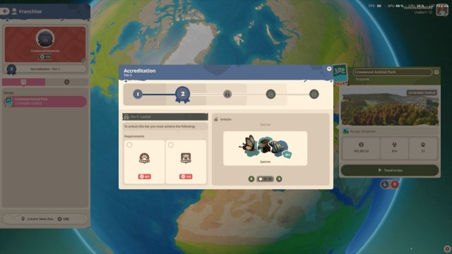 The Accreditation screen in Planet Zoo 2