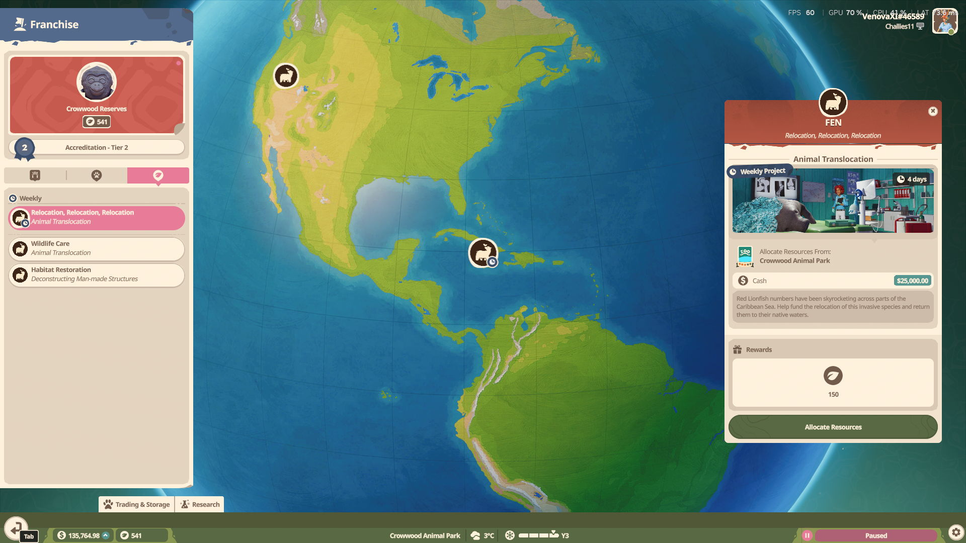 The Conservation Project screen in Planet Zoo 2's franchise mode