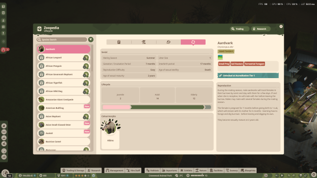 An animal screen in Planet Zoo 2 showing color morphs
