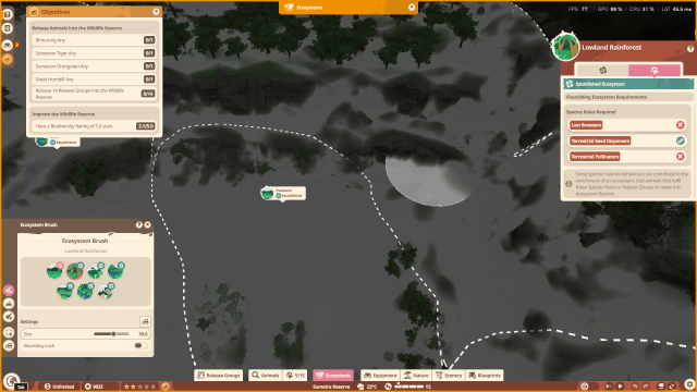 An ecosystem in Planet Zoo 2 with flourishing requirements shown.