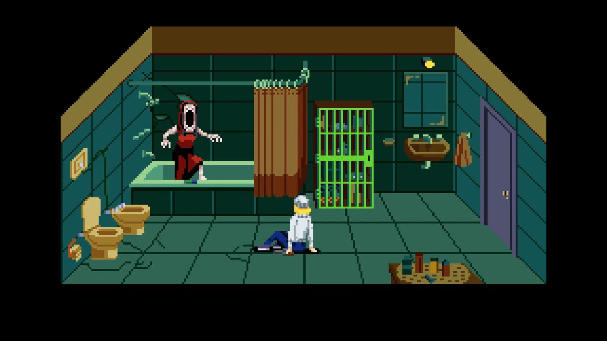 A bathroom where the player is on the floor after being scared by a monster in the tub.