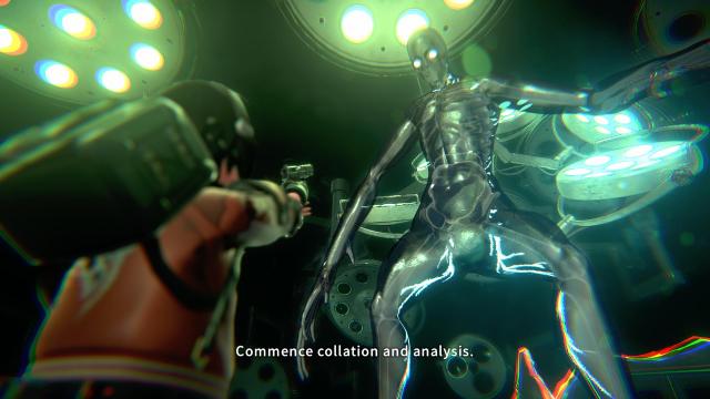ANOMALITH pointing gun at giant silver boss
