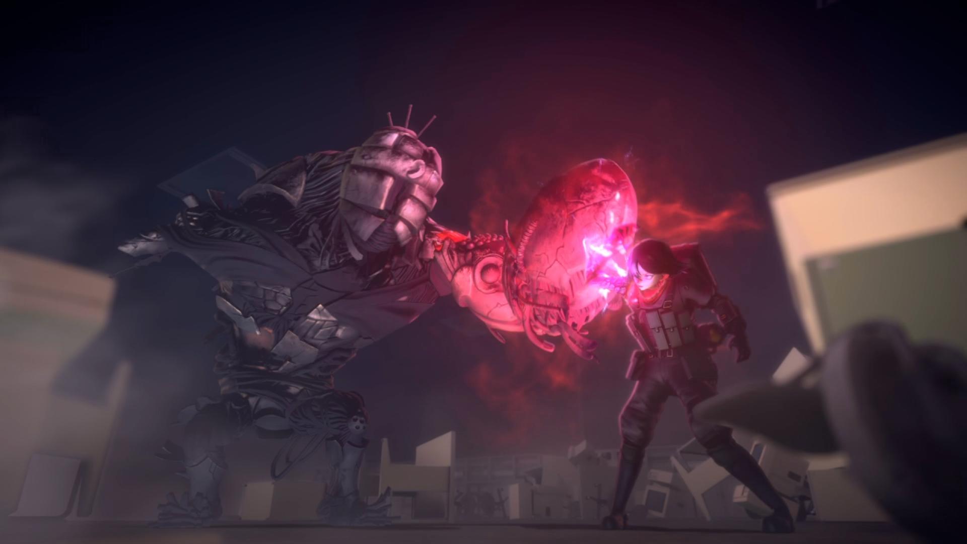 ANOMALITH main character blocking monster attack with red aura