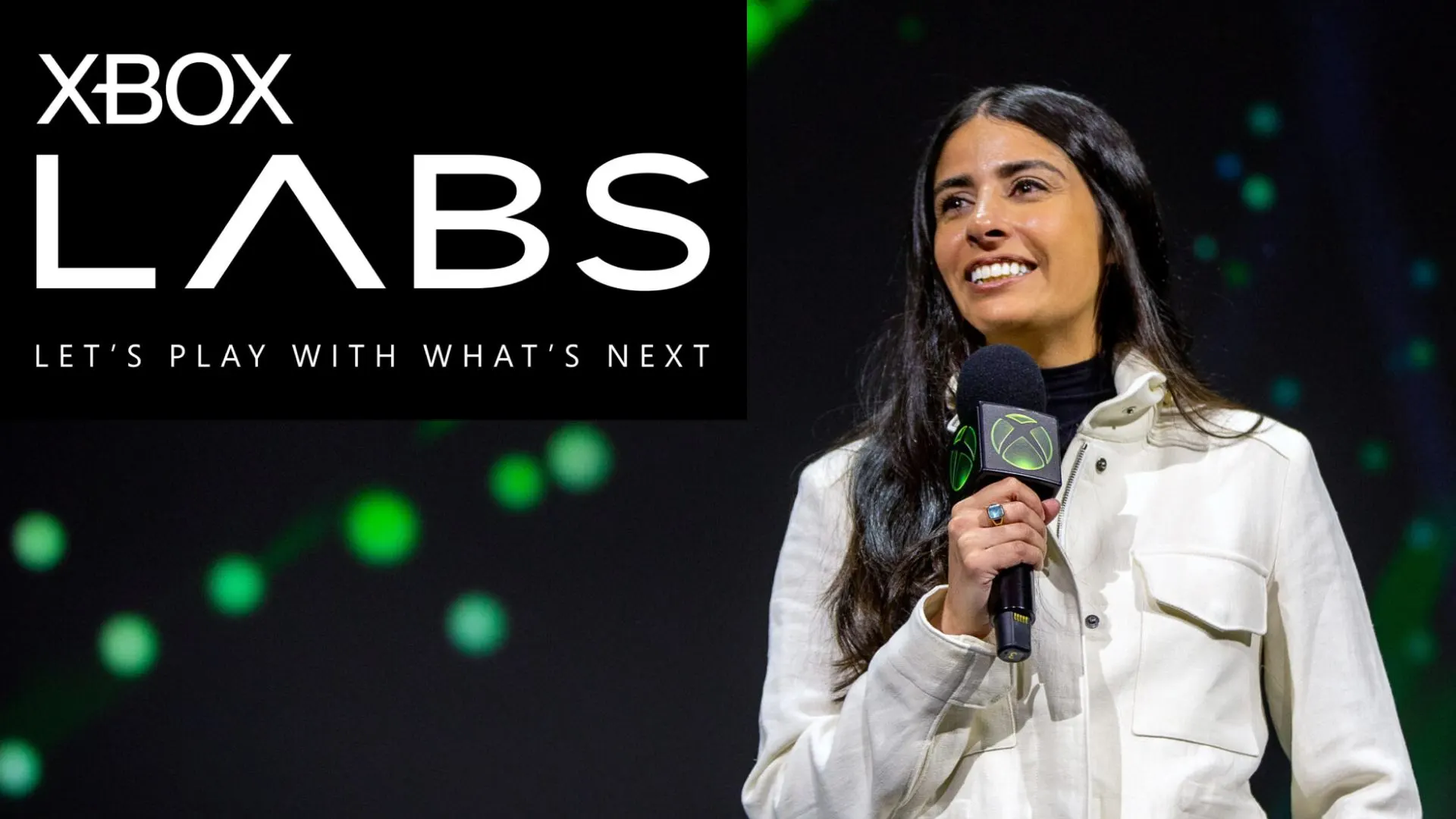 Xbox CEO Asha Sharma next to Xbox Labs logo